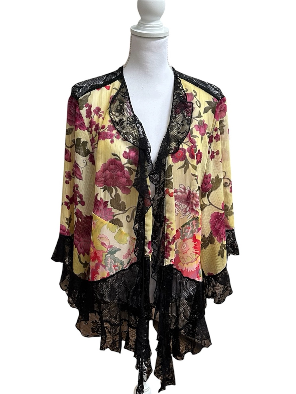 Spencer Alexis Floral Yellow and Pink with Black Lace-Trim Kimono